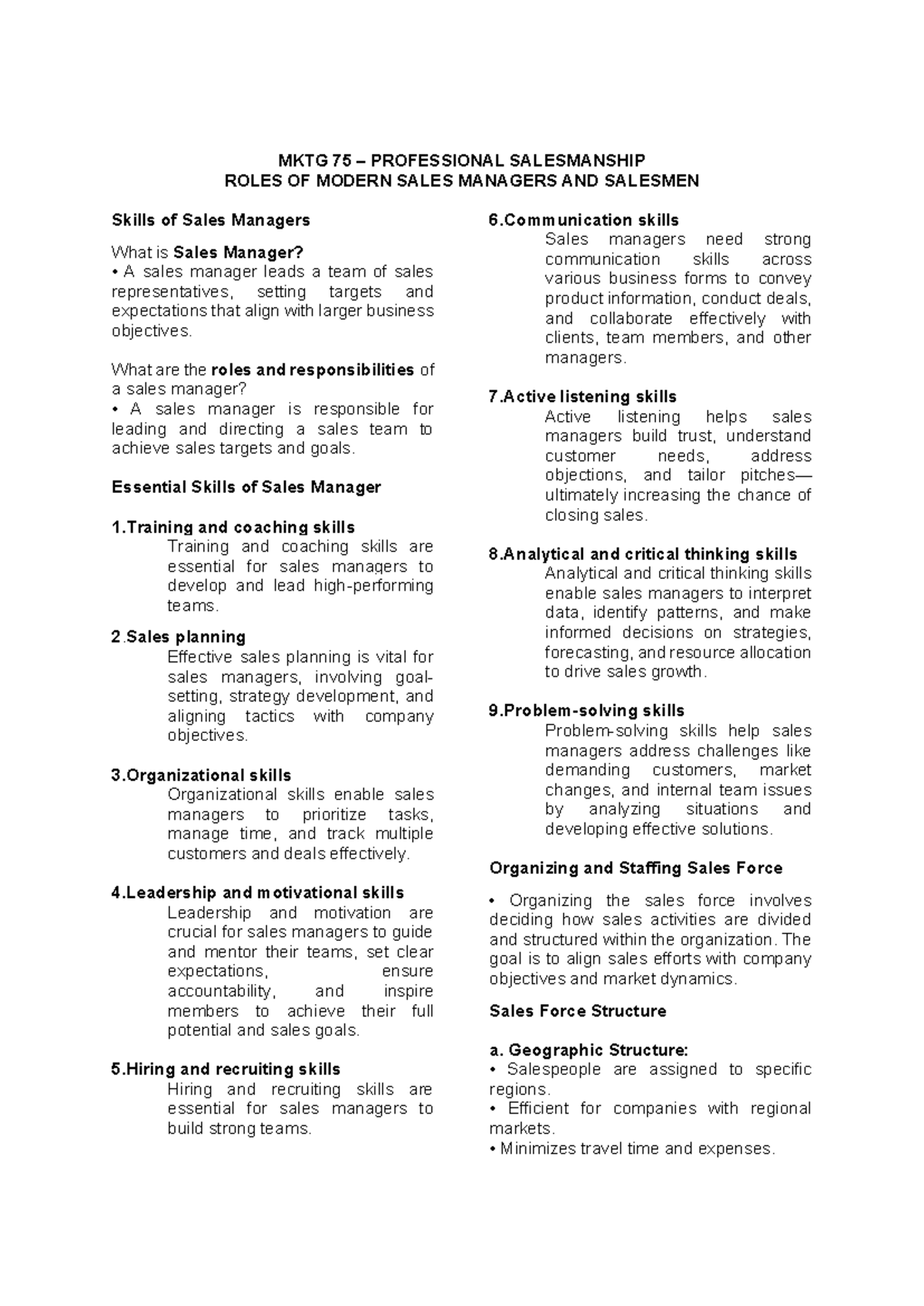 MKTG 75 Sales Management: Skills & Roles of Modern Sales Leaders - Studocu