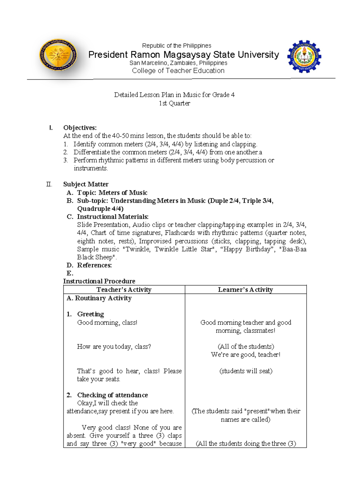 Detailed Lesson Plan in Music for Grade 4 (ESC 1) - 1st Quarter - Studocu