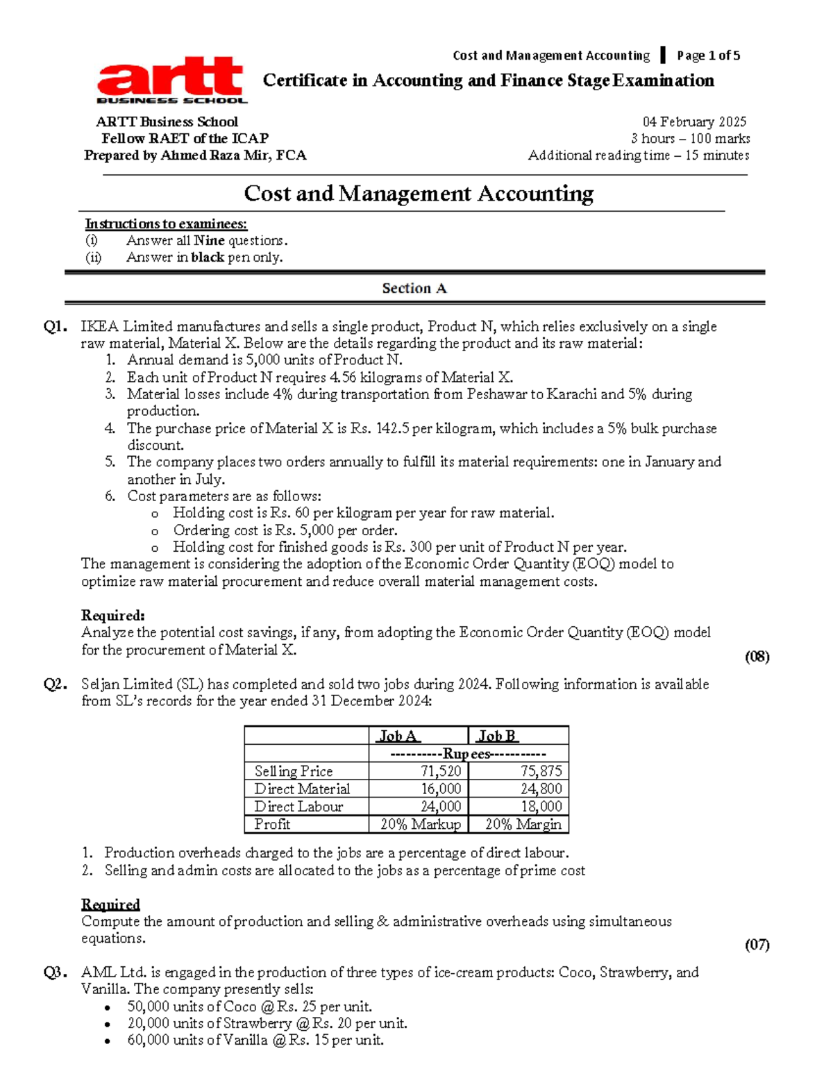 Final CMA Mock Exam March 2025 - Cost and Management Accounting - Studocu