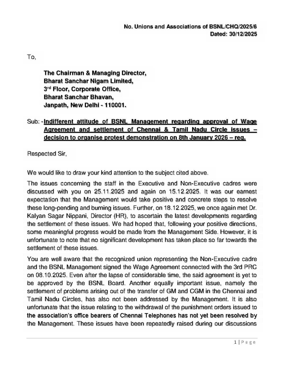 Agitation Notice from Union & Association Regarding BSNL Wage Agreement ...