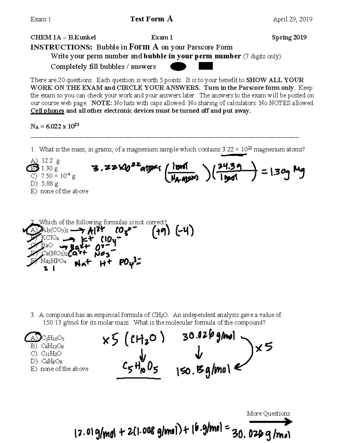 Practice Exam 1 Study Aid for CHEM 1A - Spring 2019 - Studocu