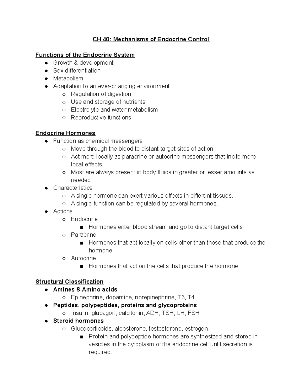 CH 40 Endocrine Control Mechanisms: Functions & Hormonal Actions - Studocu