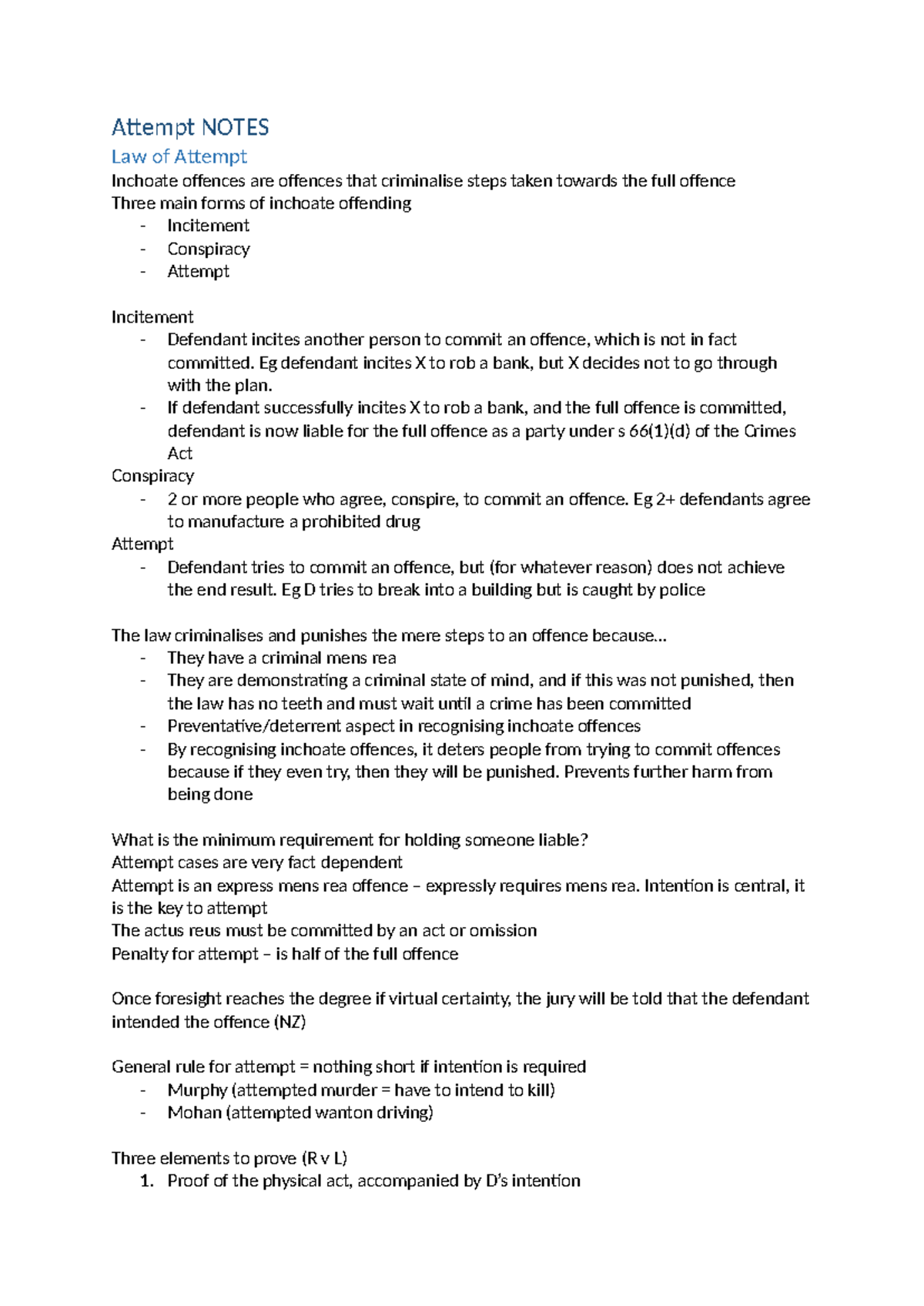 Attempt Notes - Attempt NOTES Law of Attempt Inchoate offences are ...