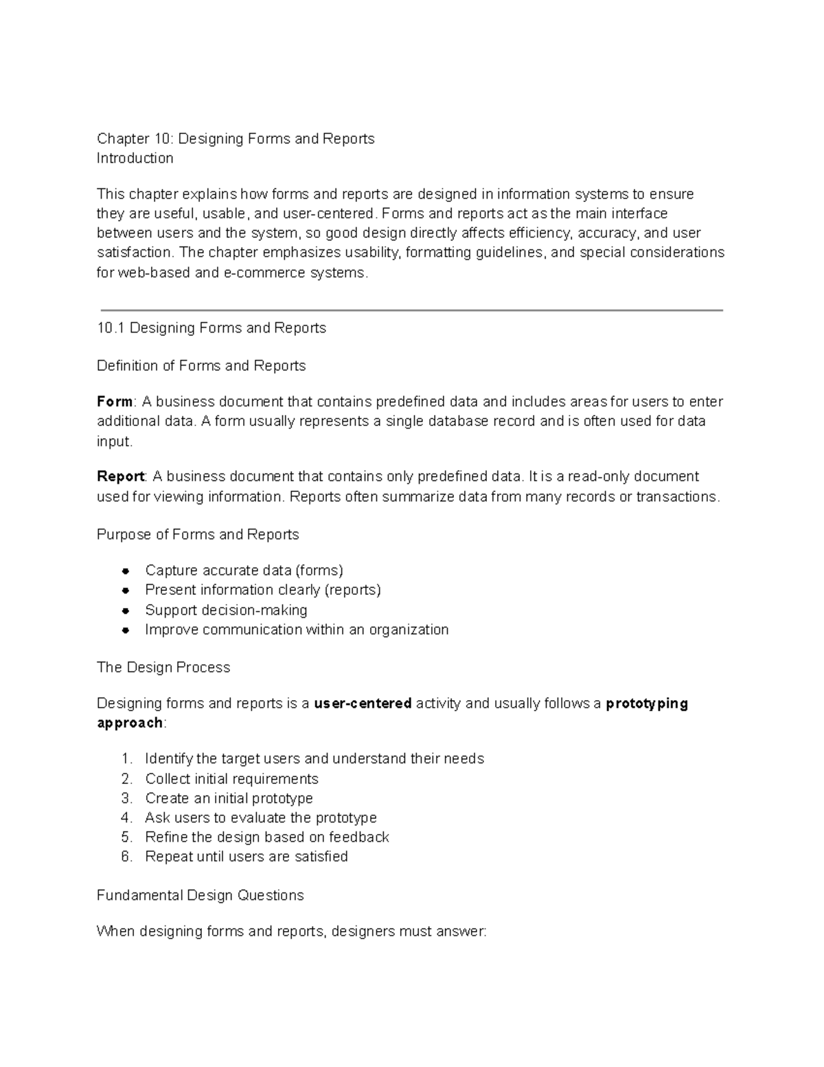 Chapter 10: Designing Forms & Reports for Info Systems - Studocu