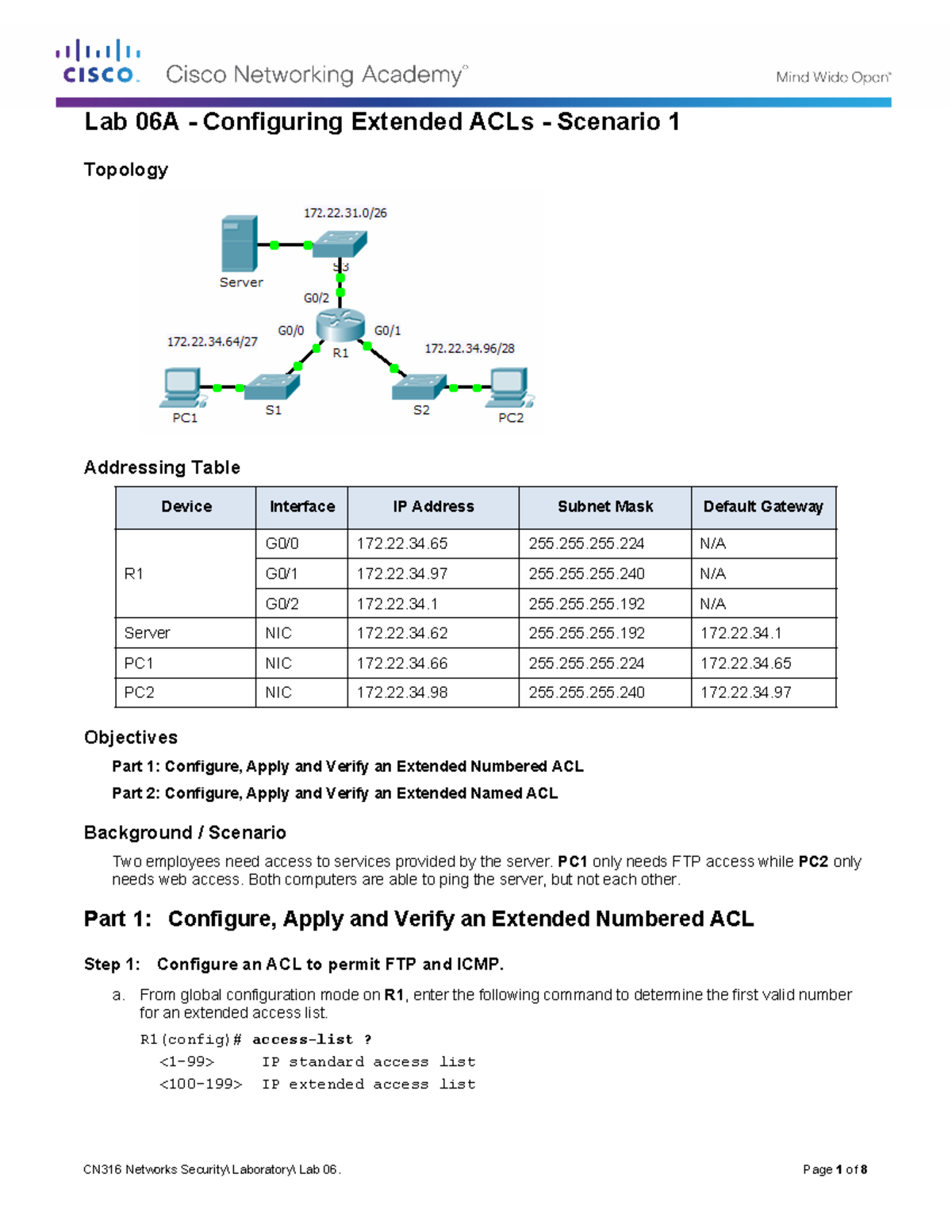 CN316 Lab 06 - Configuring Extended ACLs Instructions - Lab 06A ...