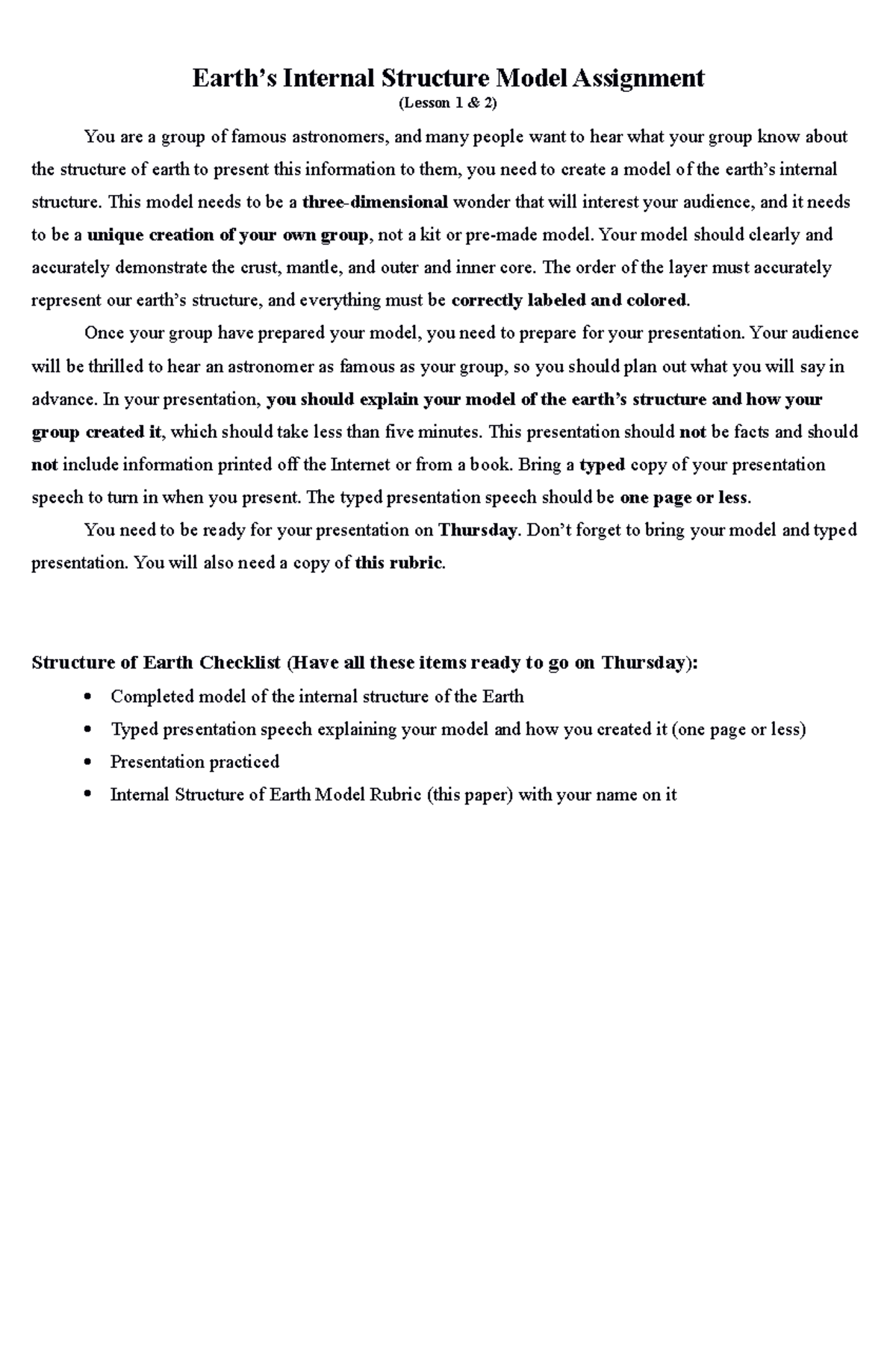 Earth's Internal Structure Model Rubric (Lesson 1 & 2) - Studocu