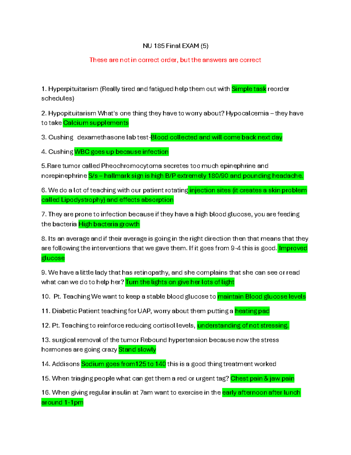 NU 185 Final Exam Review - Key Concepts and Patient Teaching - Studocu