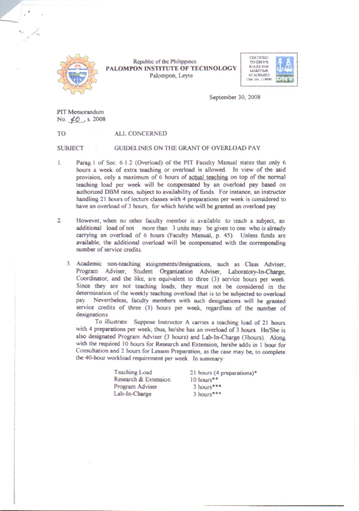 Guidelines on the Grant of Overload Pay - Bachelor of Science in ...
