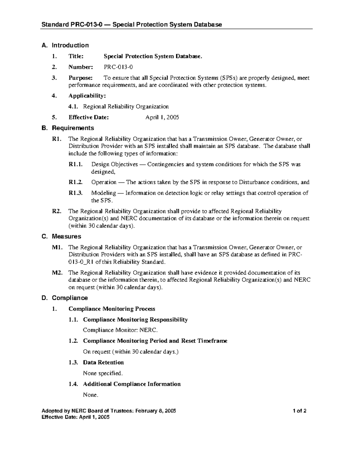 PRC-013-0: Special Protection System Database Overview and Requirements ...