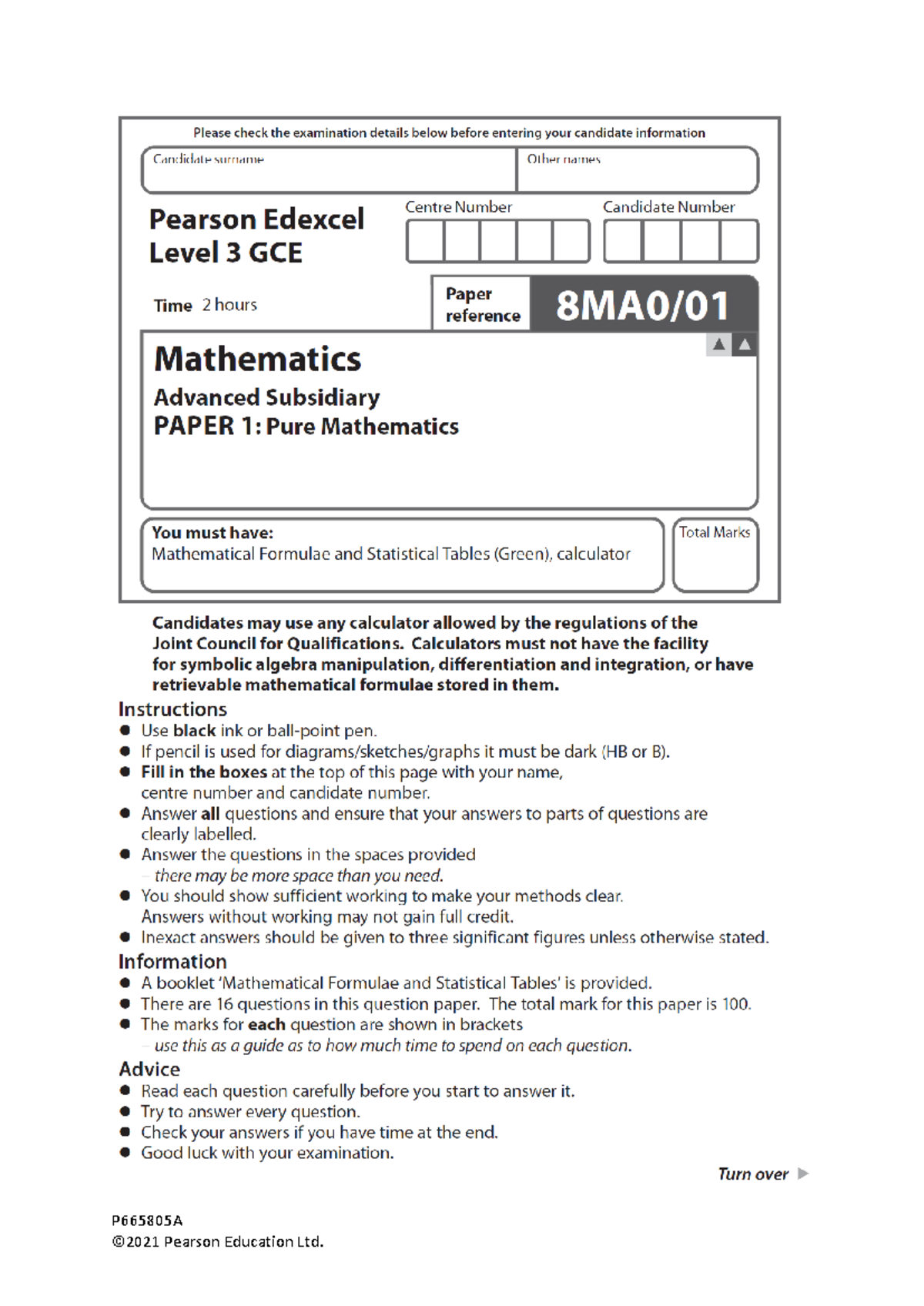 2110 8MA0-01 AS Pure Mathematics - Exam Solutions and Working Steps ...