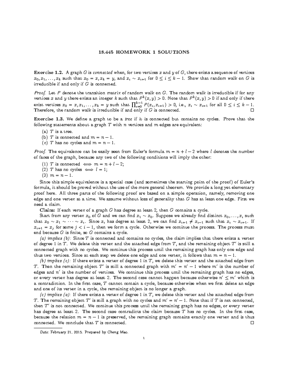 MIT 18.445 Homework 1 Solutions: Graph Connectivity and Trees - Studocu