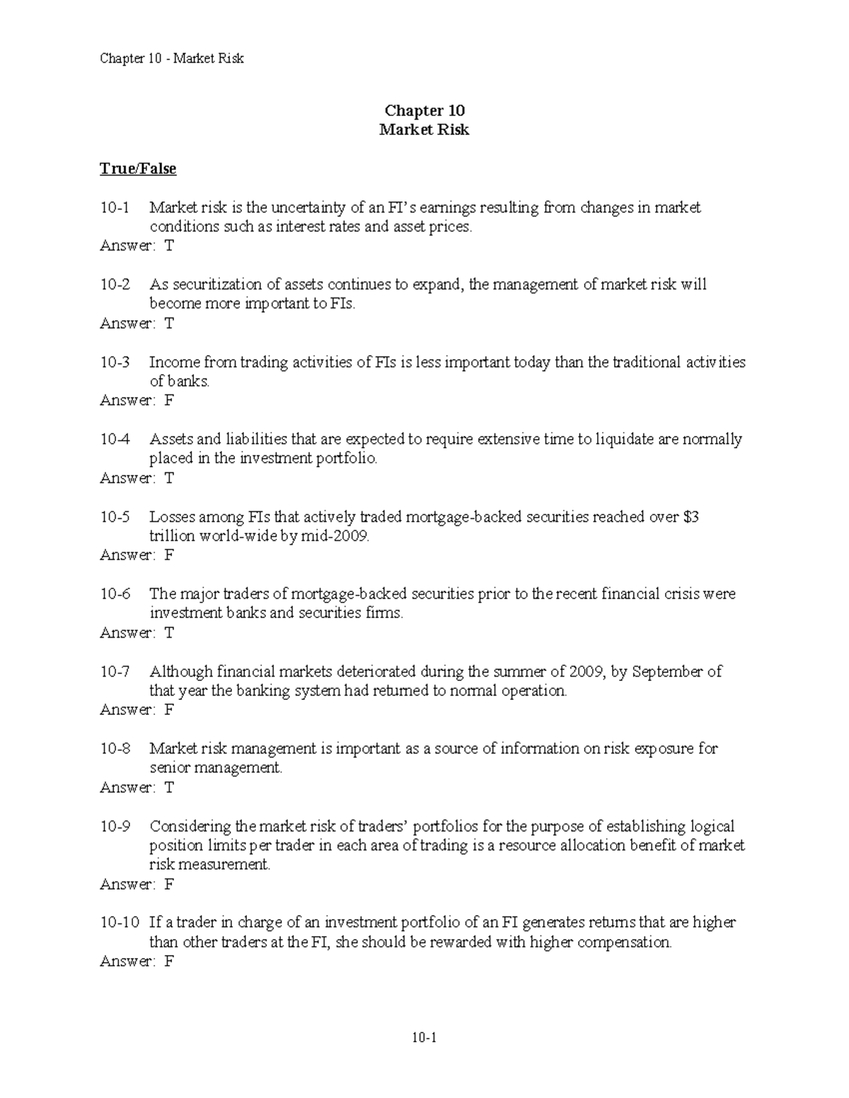Chap010 - Market Risk Sample Test Questions and Answers - Studocu