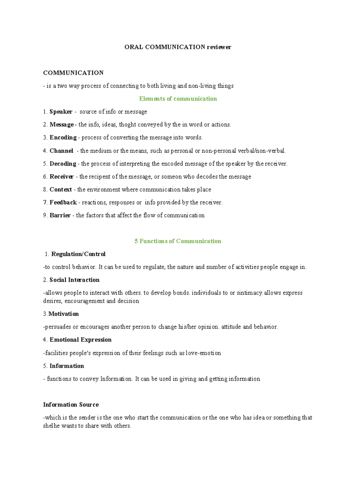 ORAL Communication Review Notes: Key Concepts & Elements - Studocu