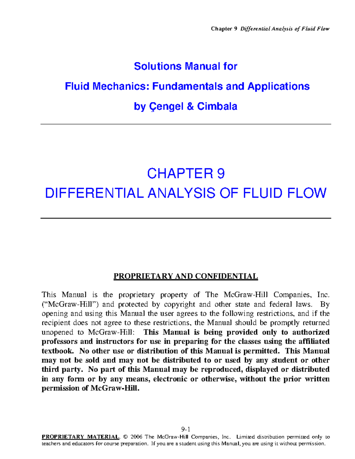 Cengel Cimbala Solutions Chap09 - Chapter 9 Differential Analysis of ...