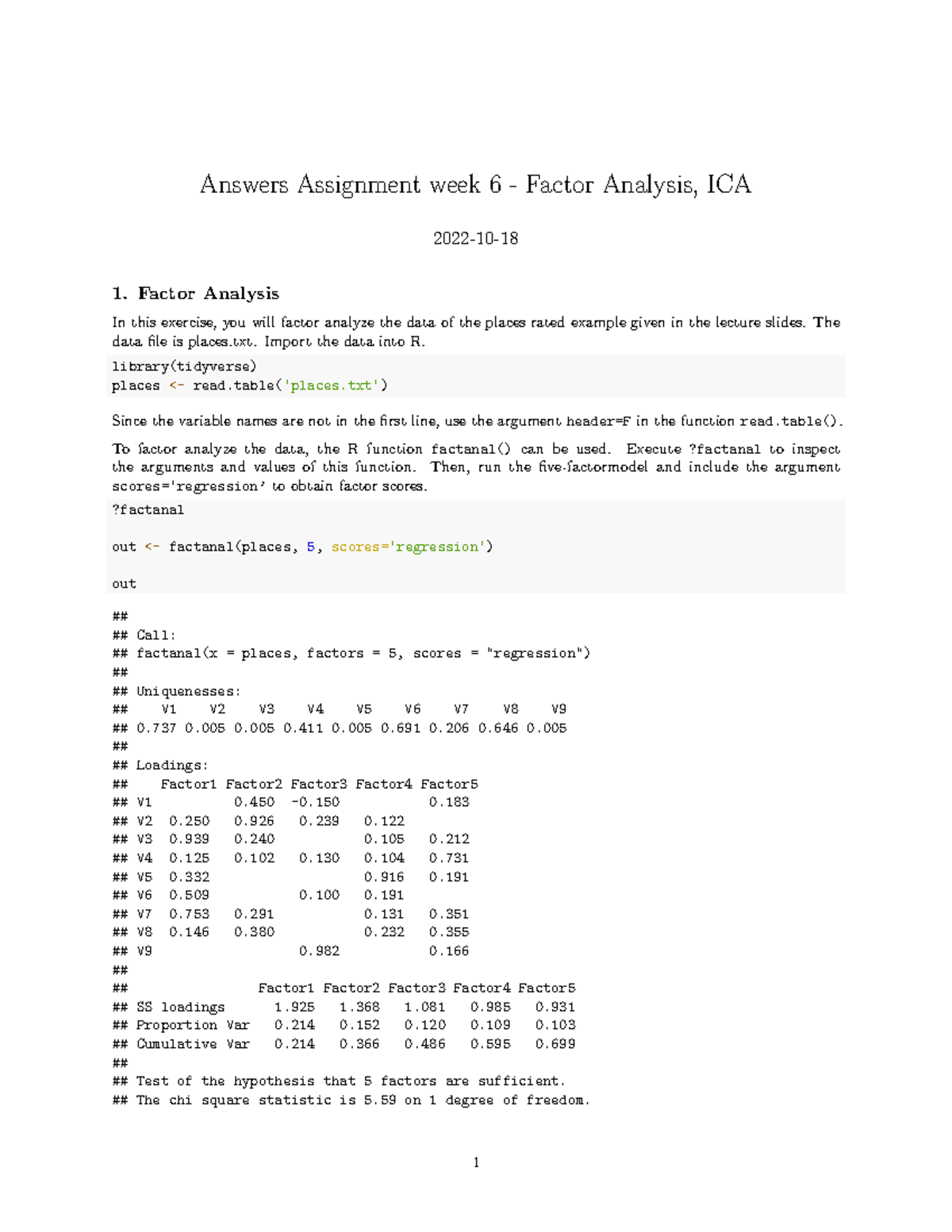 Week 6 Exercises Answers - Factor Analysis & ICA Techniques - Studeersnel
