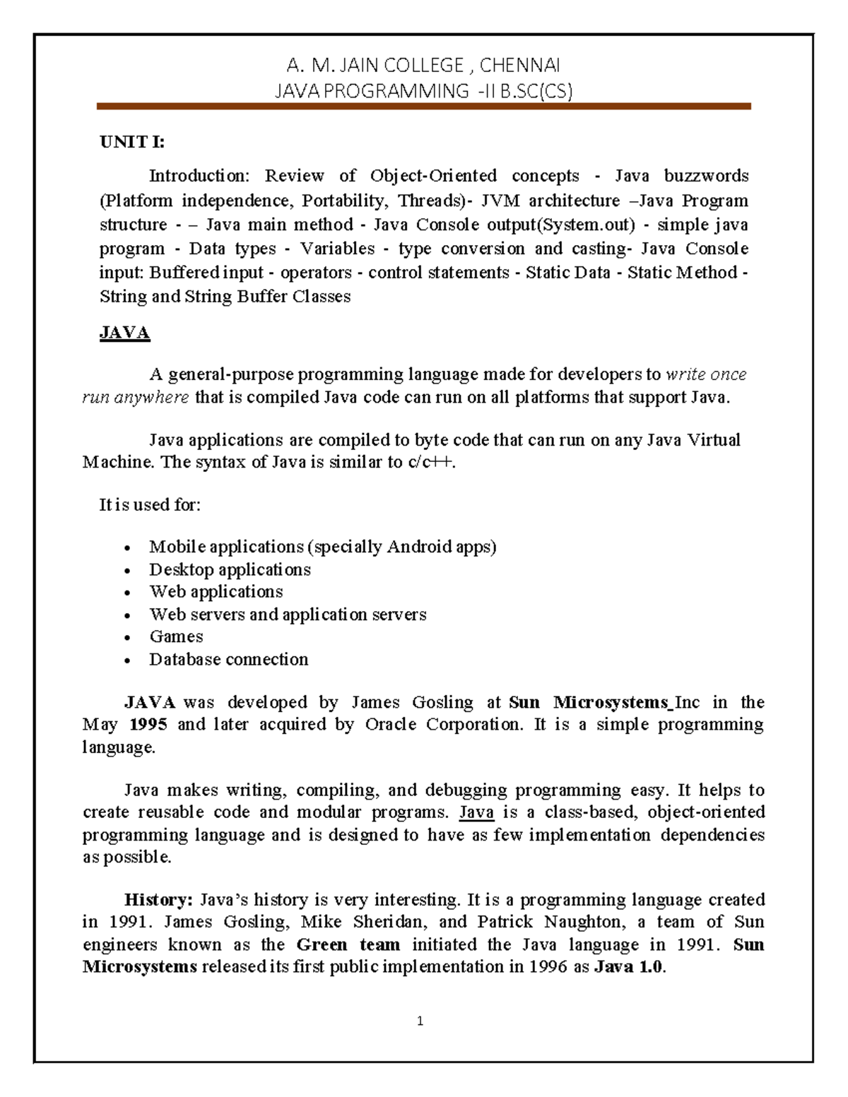 UNIT I: Introduction to JAVA Programming - B.Sc(CS) Study Notes - Studocu