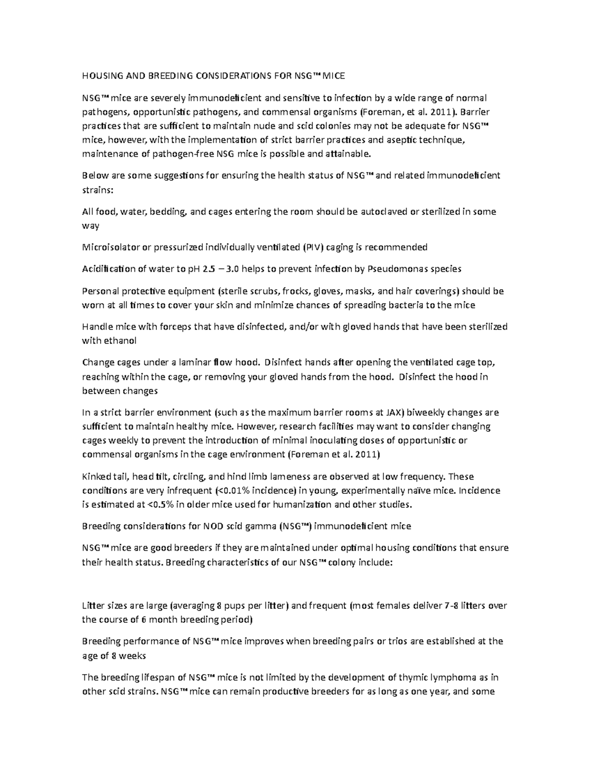 Housing and Breeding Guidelines for NSG™ Mice Care - Studocu