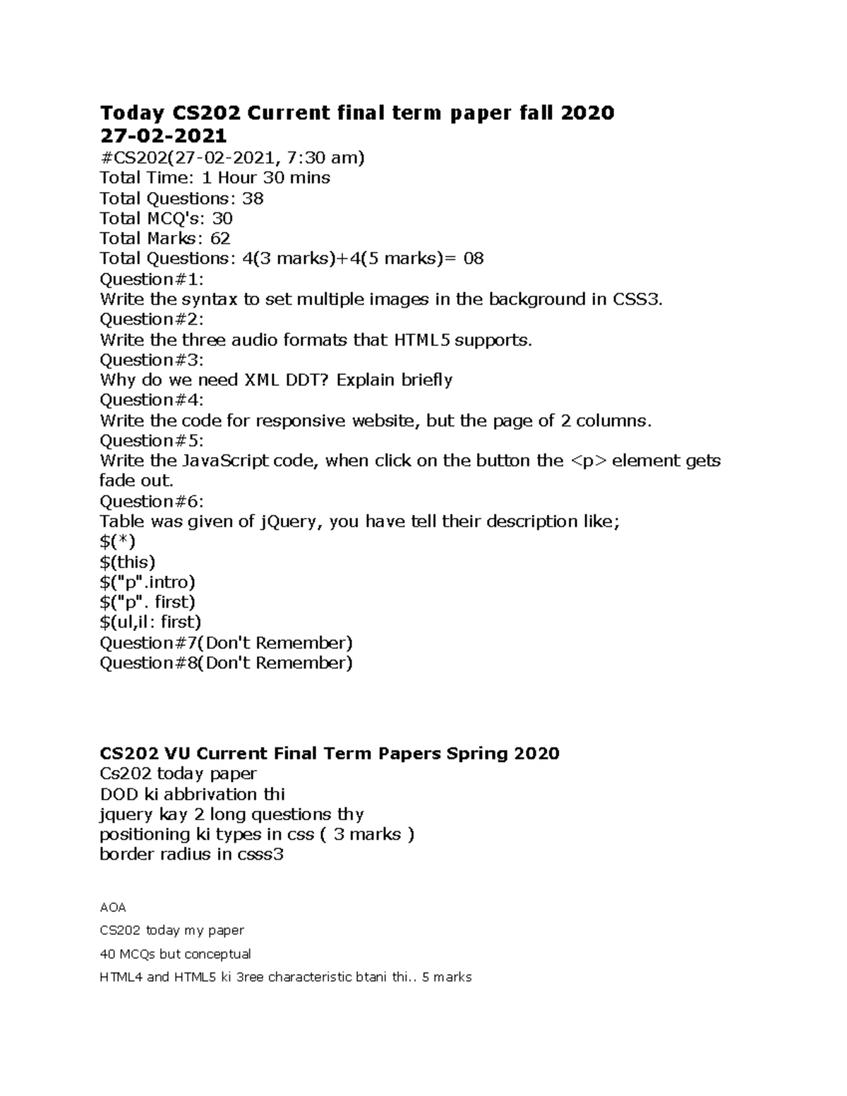 Sample Paper FINALTERM EXAM Fall 2022 CS201P Programming Concepts - Studocu