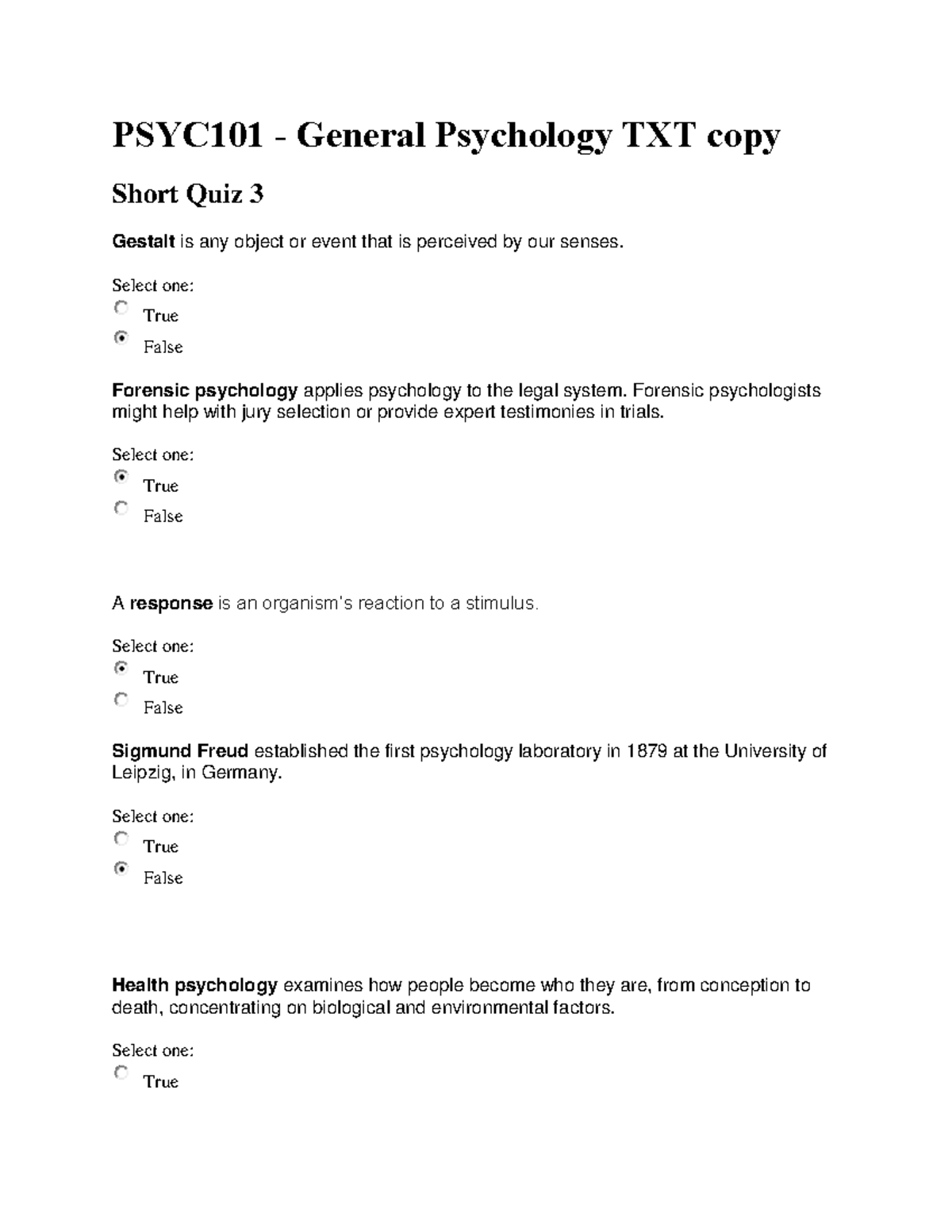 Exam 1 February, questions and answers - PSYC101 - General Psychology ...