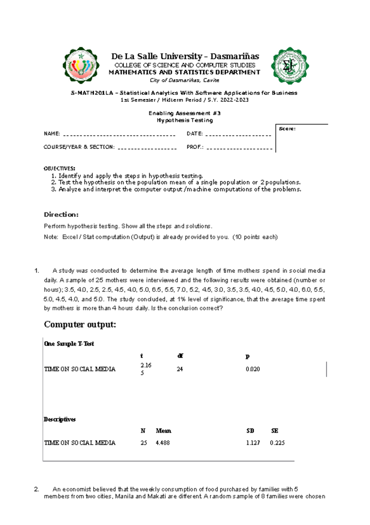 EA3(6) - Midterm Practice Exercise on Hypothesis Testing for S ...