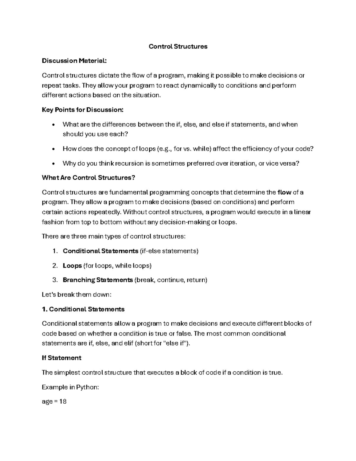 CS101: Control Structures Discussion Material and Key Concepts - Studocu