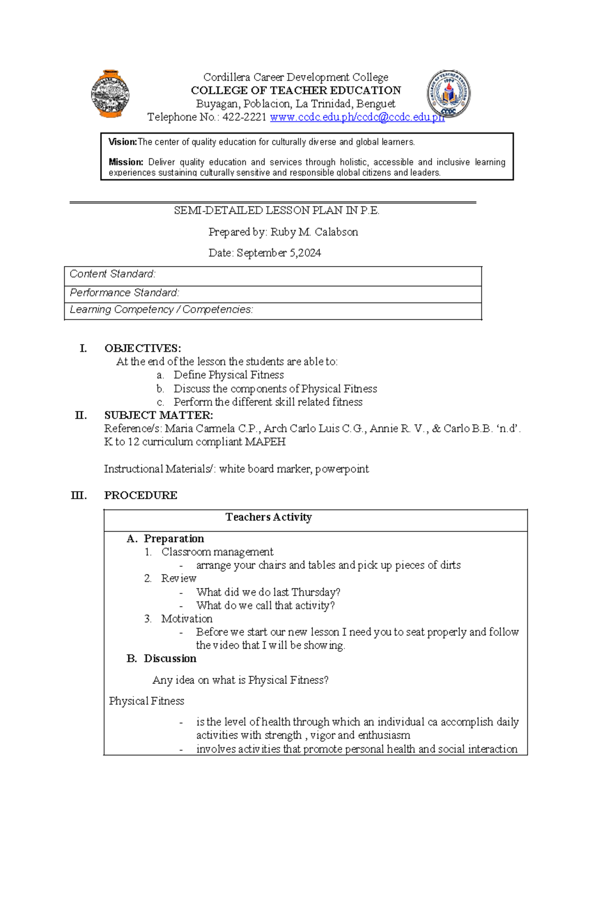 OLP 1 P.E - Semi-Detailed Lesson Plan on Physical Fitness - Studocu