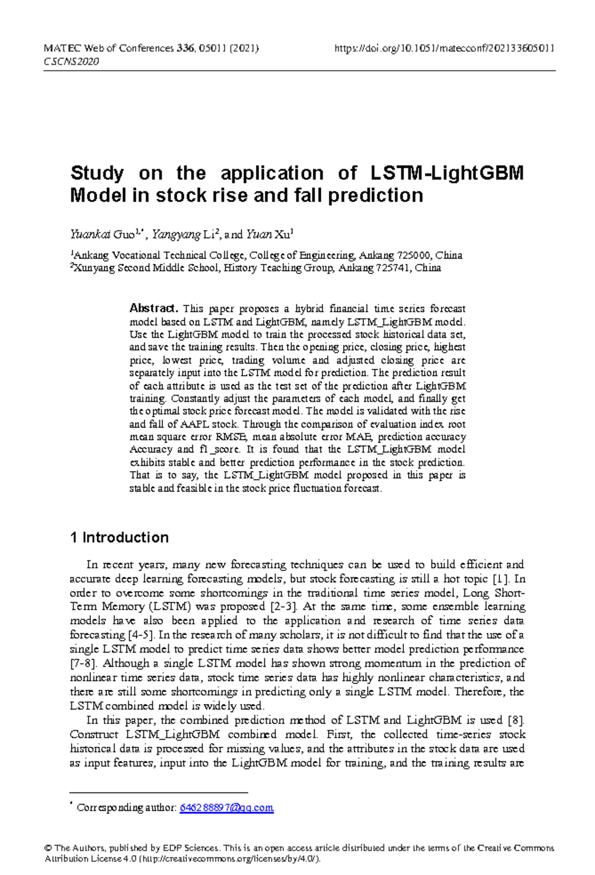 Study on the application of LSTM-Light GBM Model in - Study on the ...