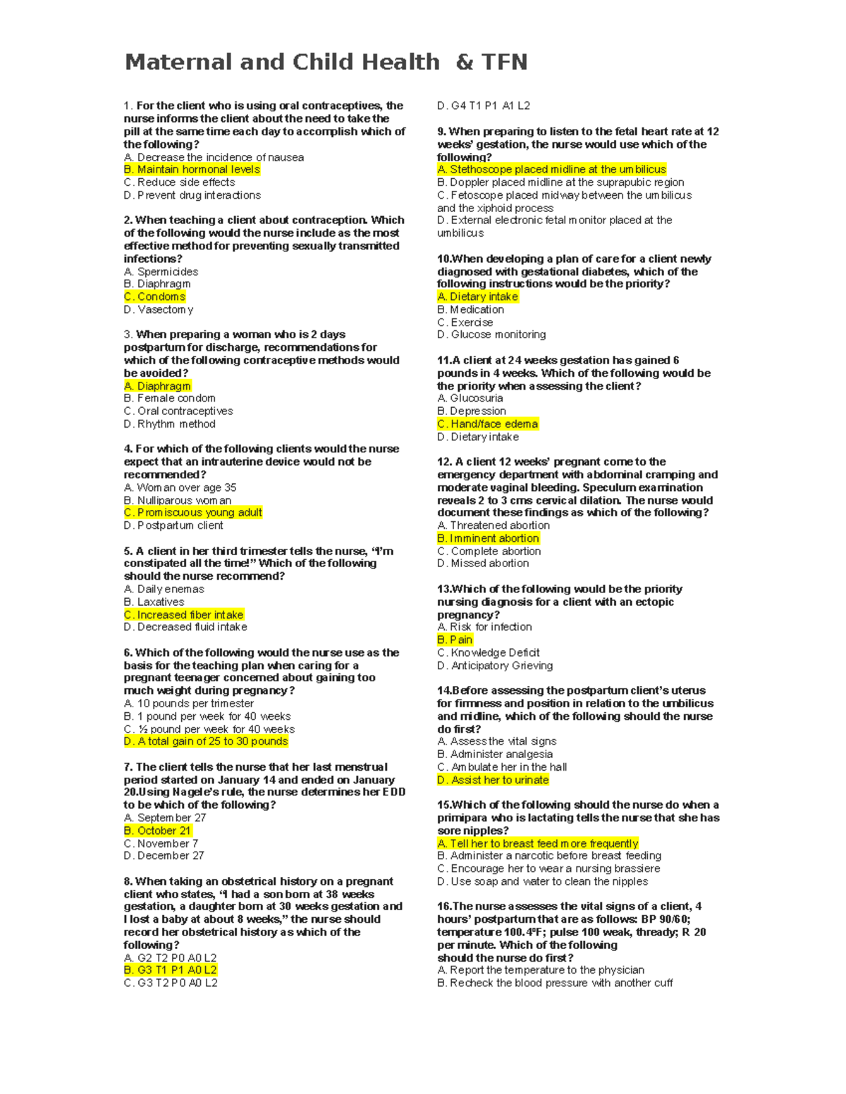 TFN-MCN - Contraception and Postpartum Nursing Practice Test - Studocu