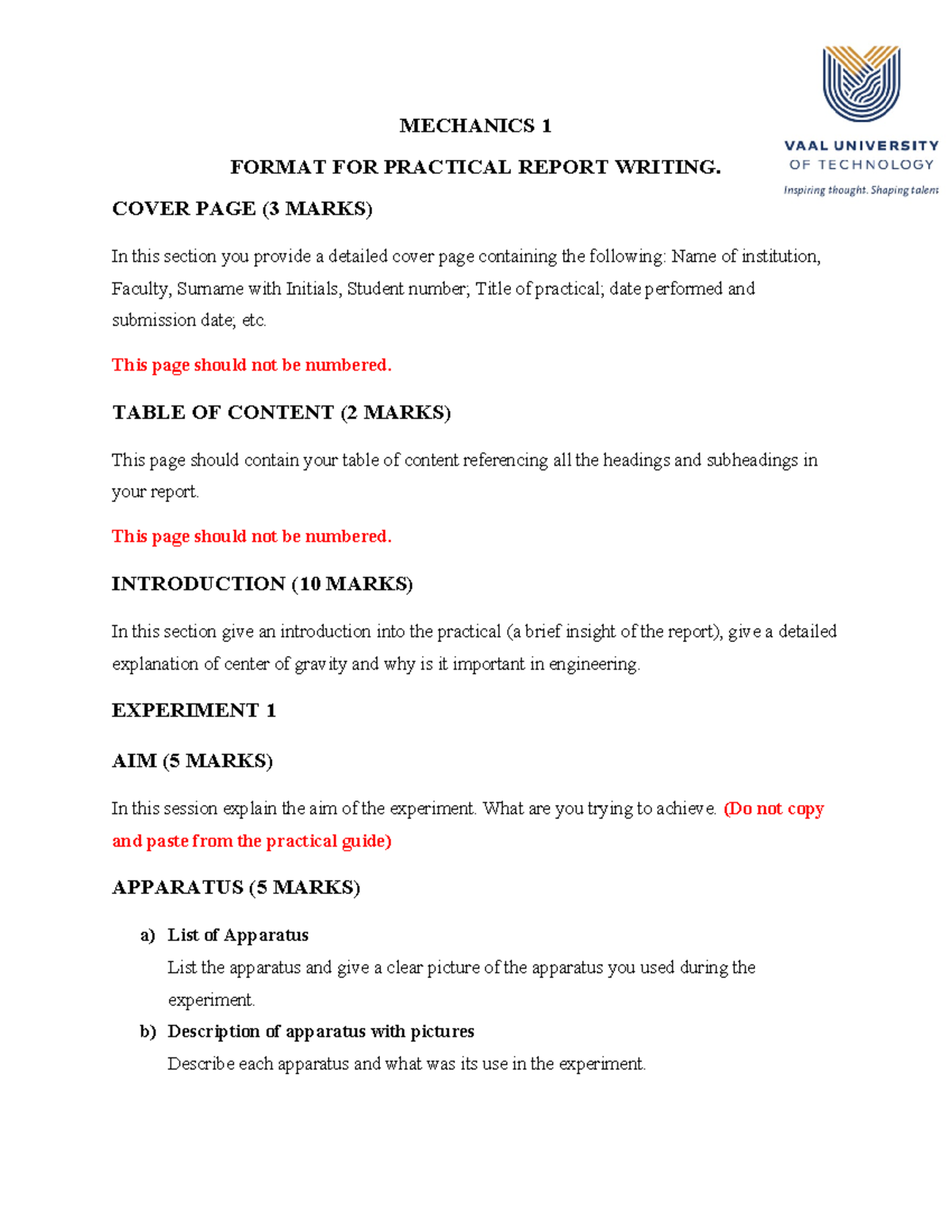 Mechanics 1 Practical Report Writing Guidelines and Format - Studocu