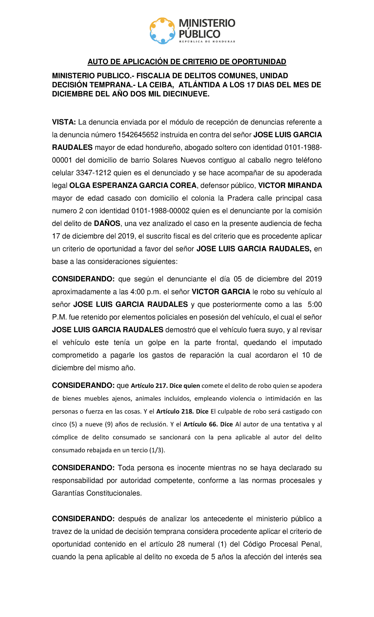 AUTO DE APLICACIÓN DE CRITERIO DE OPORTUNIDAD - 17 DIC 2019 - Document Preview