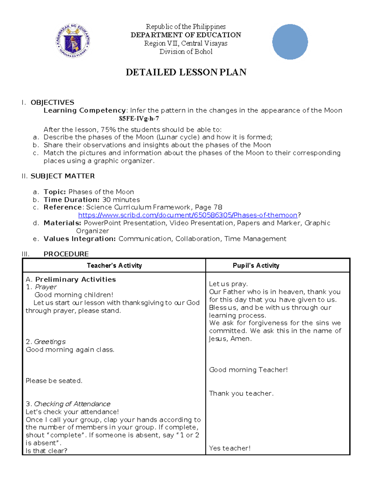 Detailed Lesson Plan on Phases of the Moon - Science 101 - Studocu