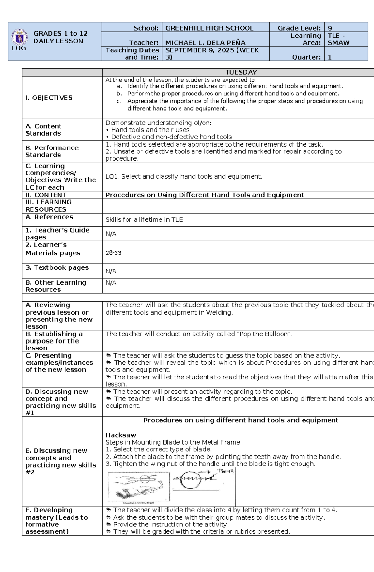 Q2 W3 D2 - TLE SMAW Daily Lesson Plan on Hand Tools - Studocu