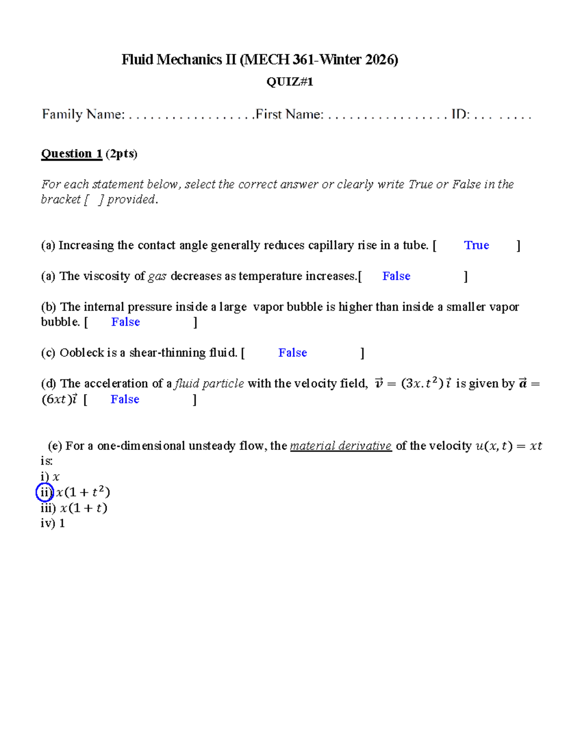 Quiz 1 Solutions for Fluid Mechanics II (MECH 2026) - Studocu