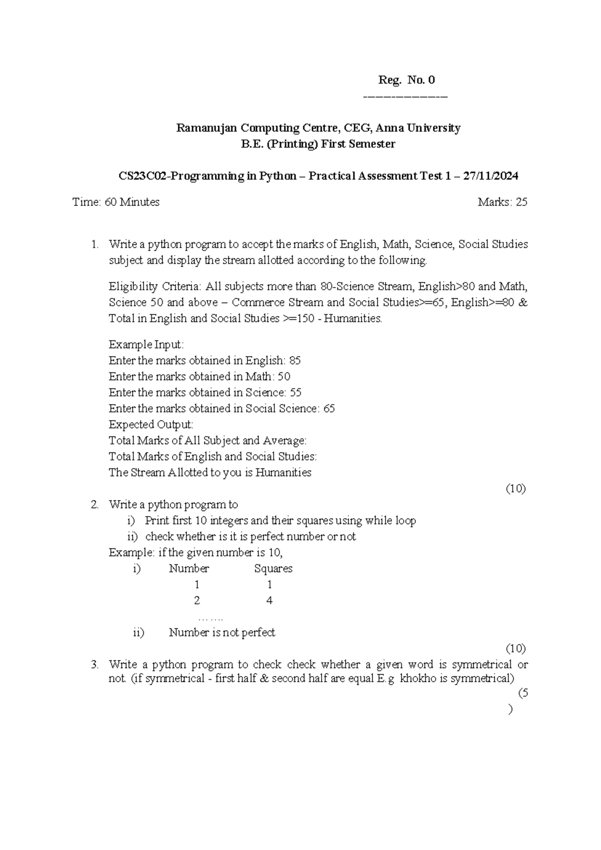 B.E. (Printing) & (Manufacturing) Python Practical Assessment Test 1 ...