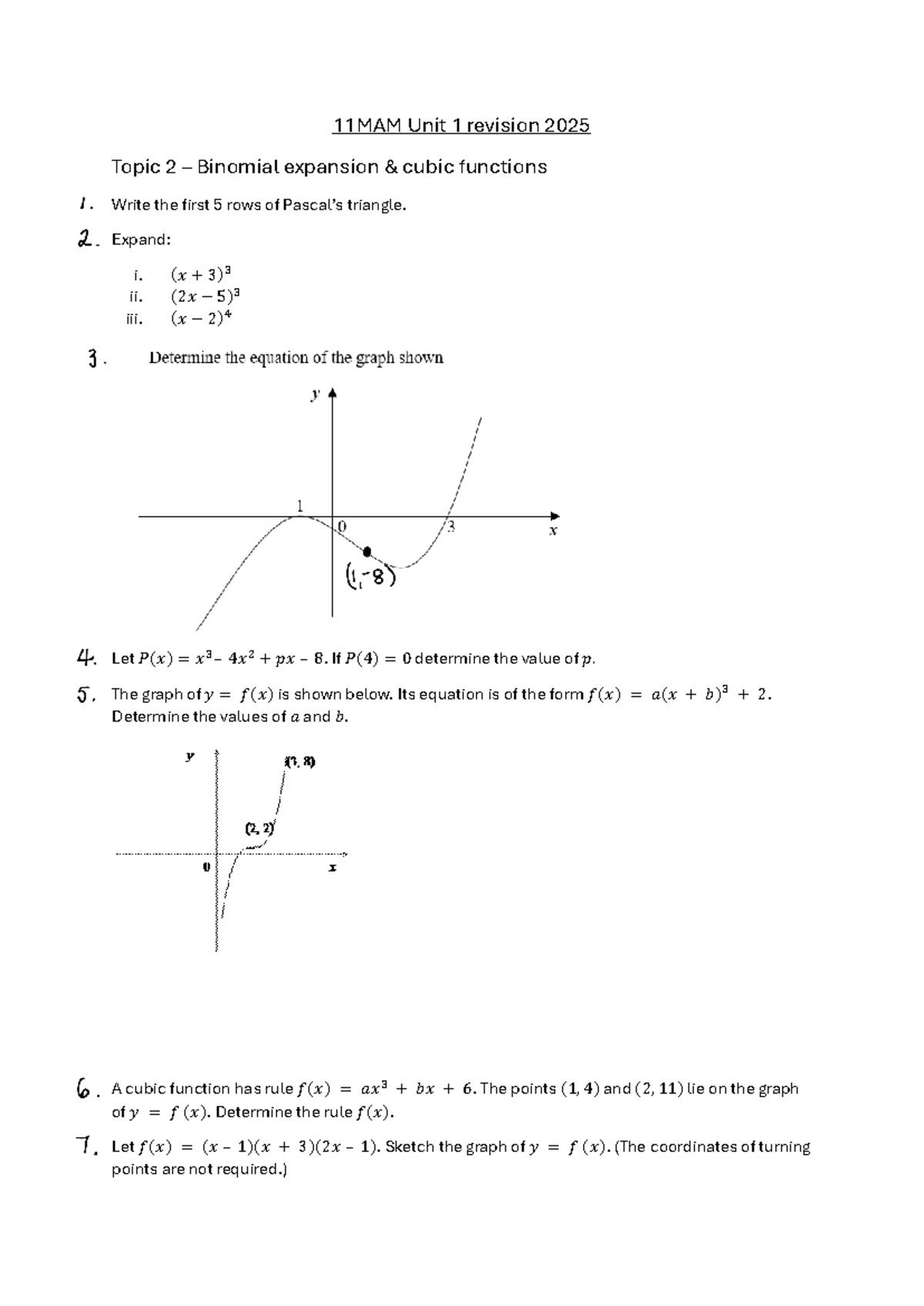 11MAM Unit 1 Revision 2025: Binomial Expansion & Cubic Functions - Studocu