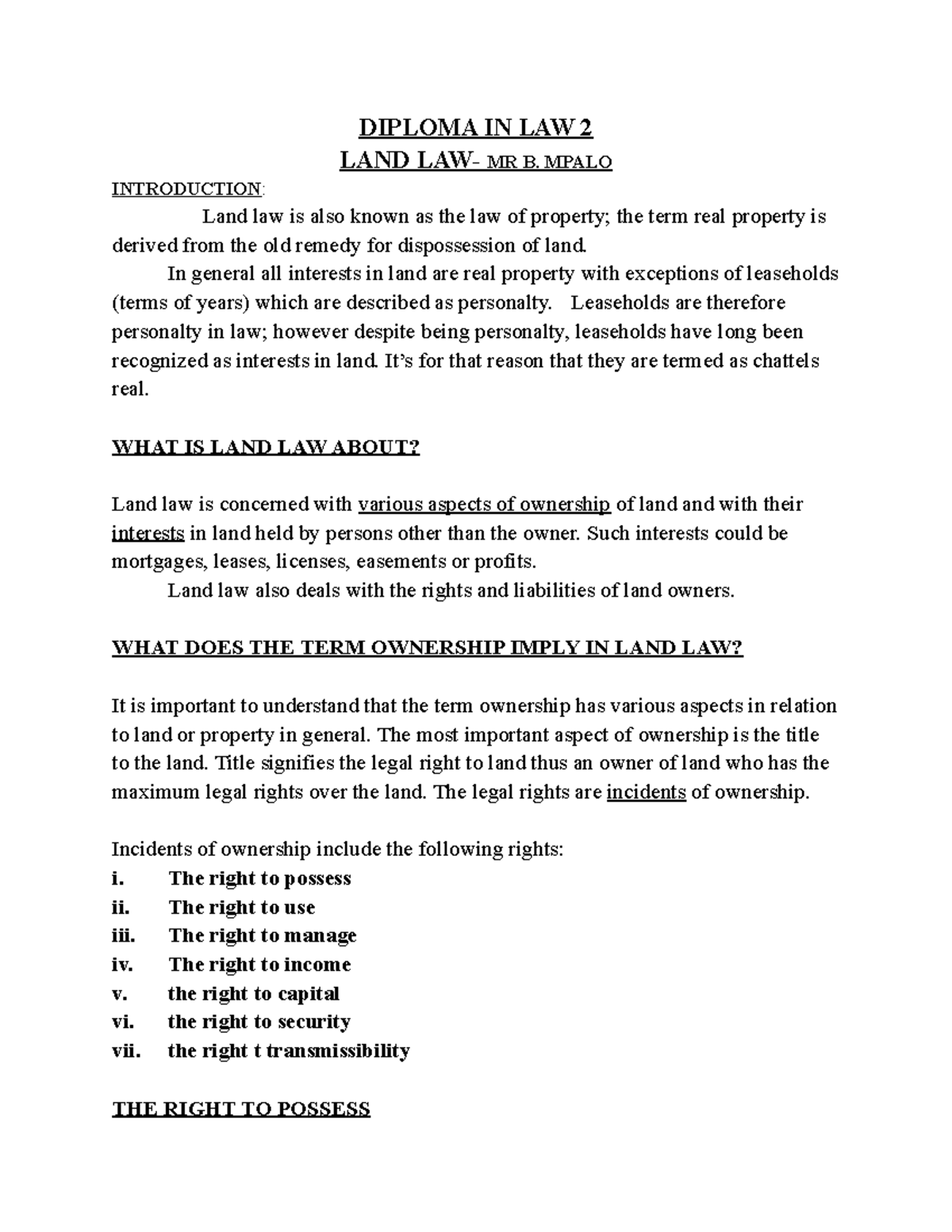 LAND LAW2 - INTRODUCTION TO LAND LAW AND OWNERSHIP RIGHTS - Studocu