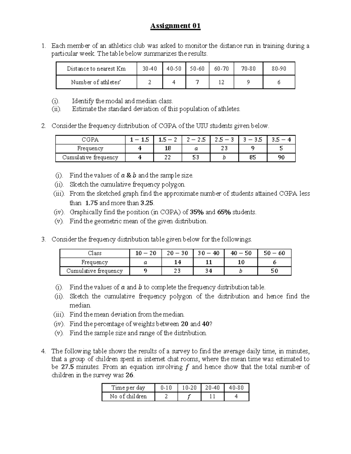 Assignment 01: Statistics Analysis and Frequency Distribution - Studocu