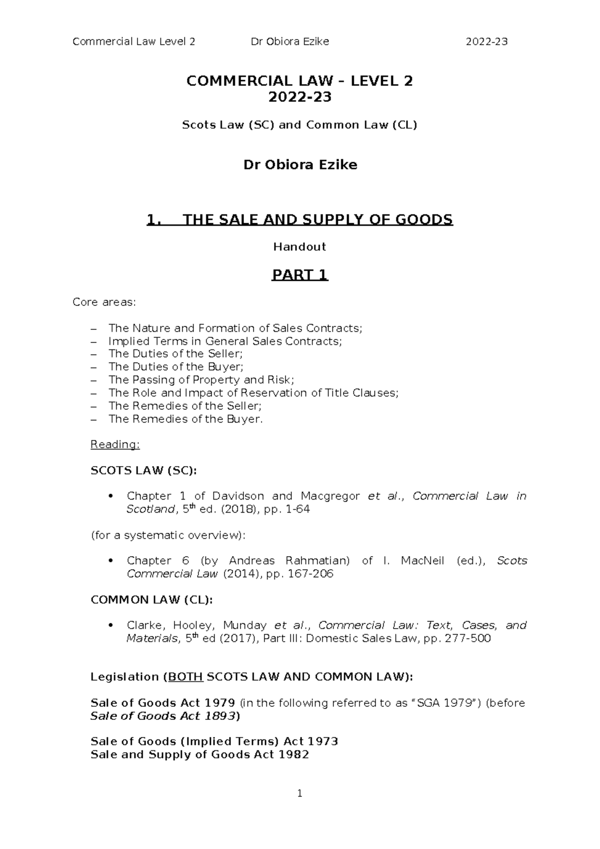 Sale of Goods Law Notes - Commercial Law Level 2, Part 1 - Studocu