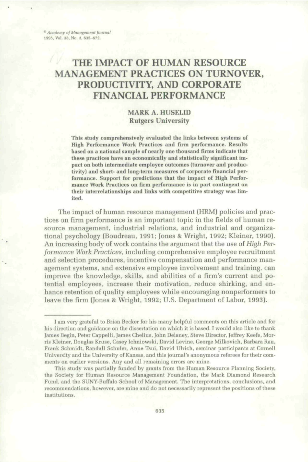 The Impact of HRM Practices on Turnover and Firm Performance: A Study ...
