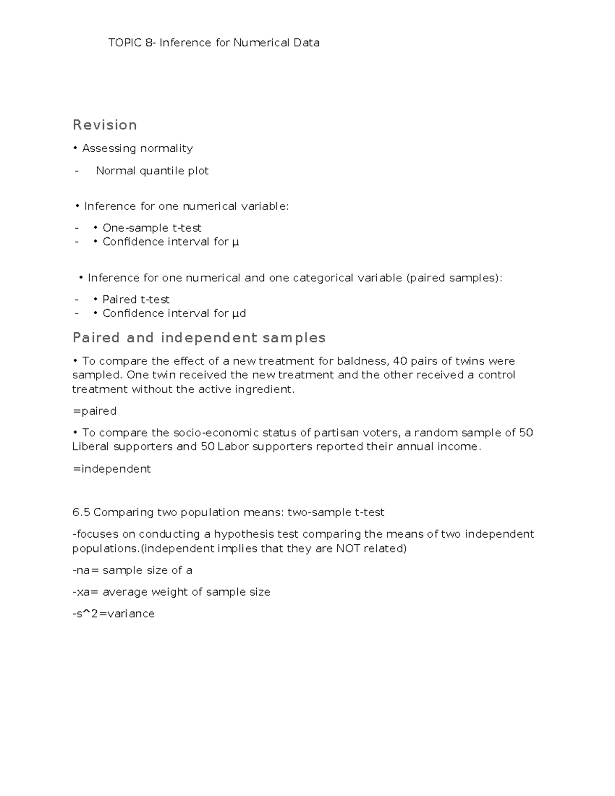 Topic 8: Inference for Numerical Data - Week 9 Revision Notes - Studocu