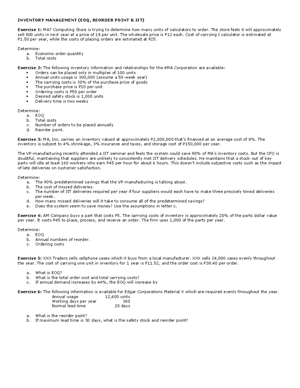 EOQ & Inventory Management Exercises (MA7, 4MA) - Studocu