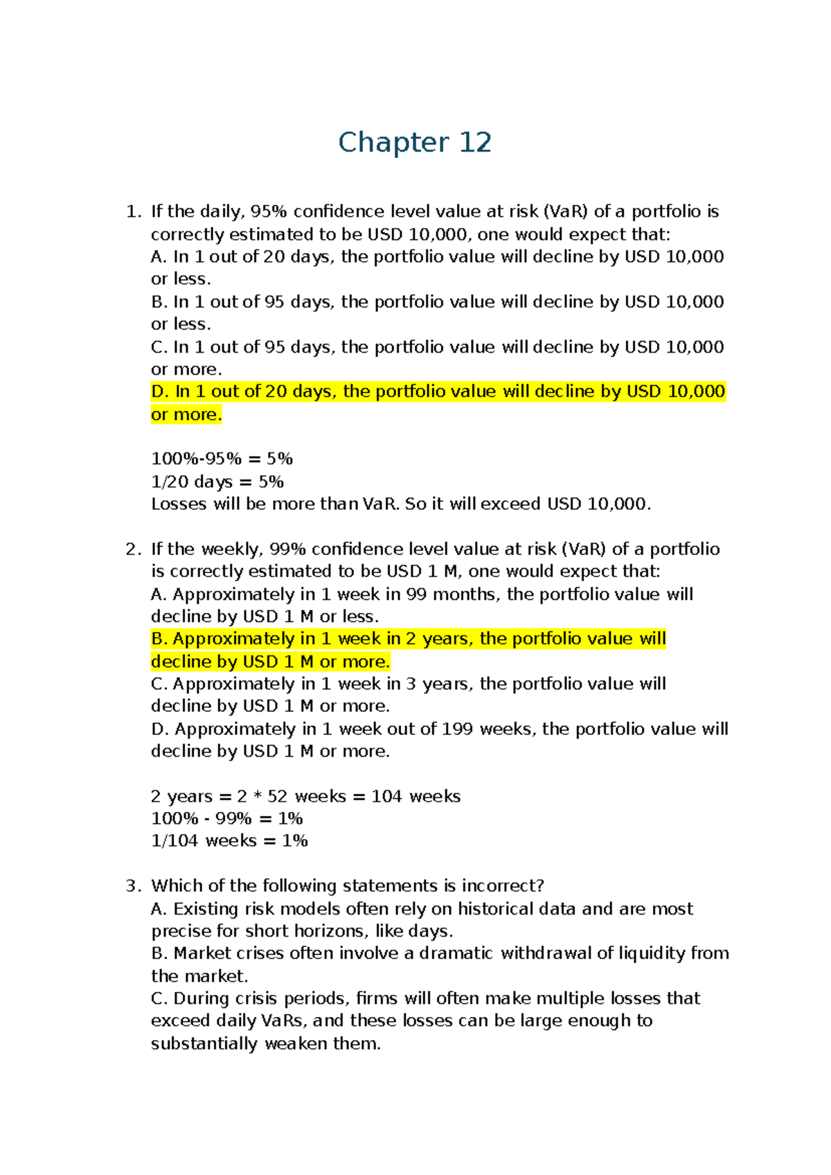 Practice Questions - Risk Management (FIN 301) - Chapters 12 & 13 - Studocu