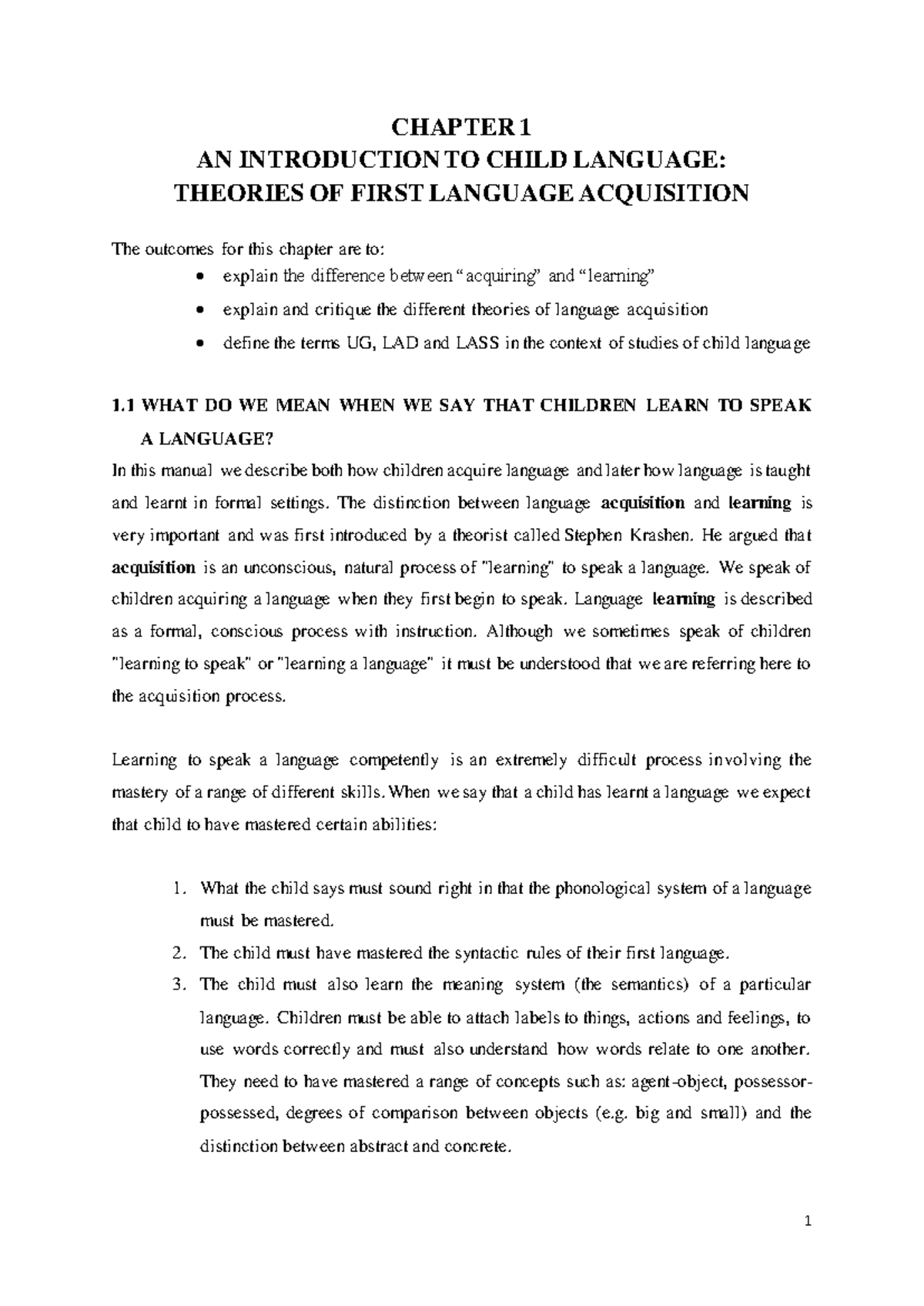 CHAPTER 1: INTRODUCTION TO CHILD LANGUAGE ACQUISITION THEORIES - Studocu
