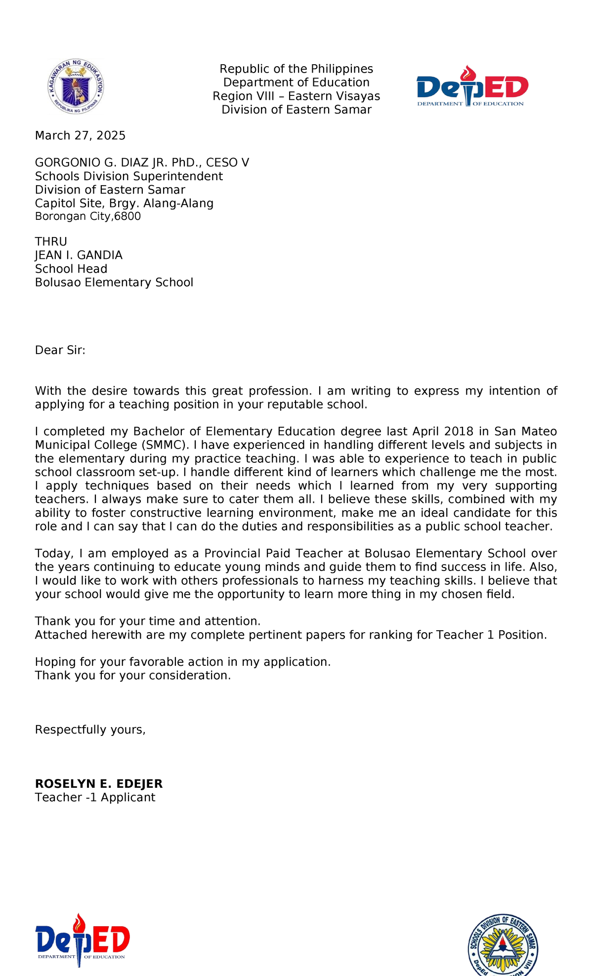 Application Letter for Teacher 1 Position (2024) - Roselyn E. Edejer ...
