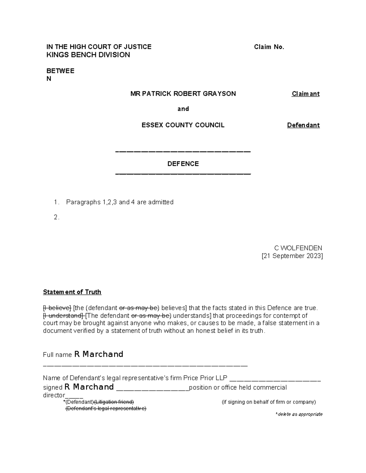 Defence Statement in High Court Case No. Claim No. vs Essex CC - Studocu