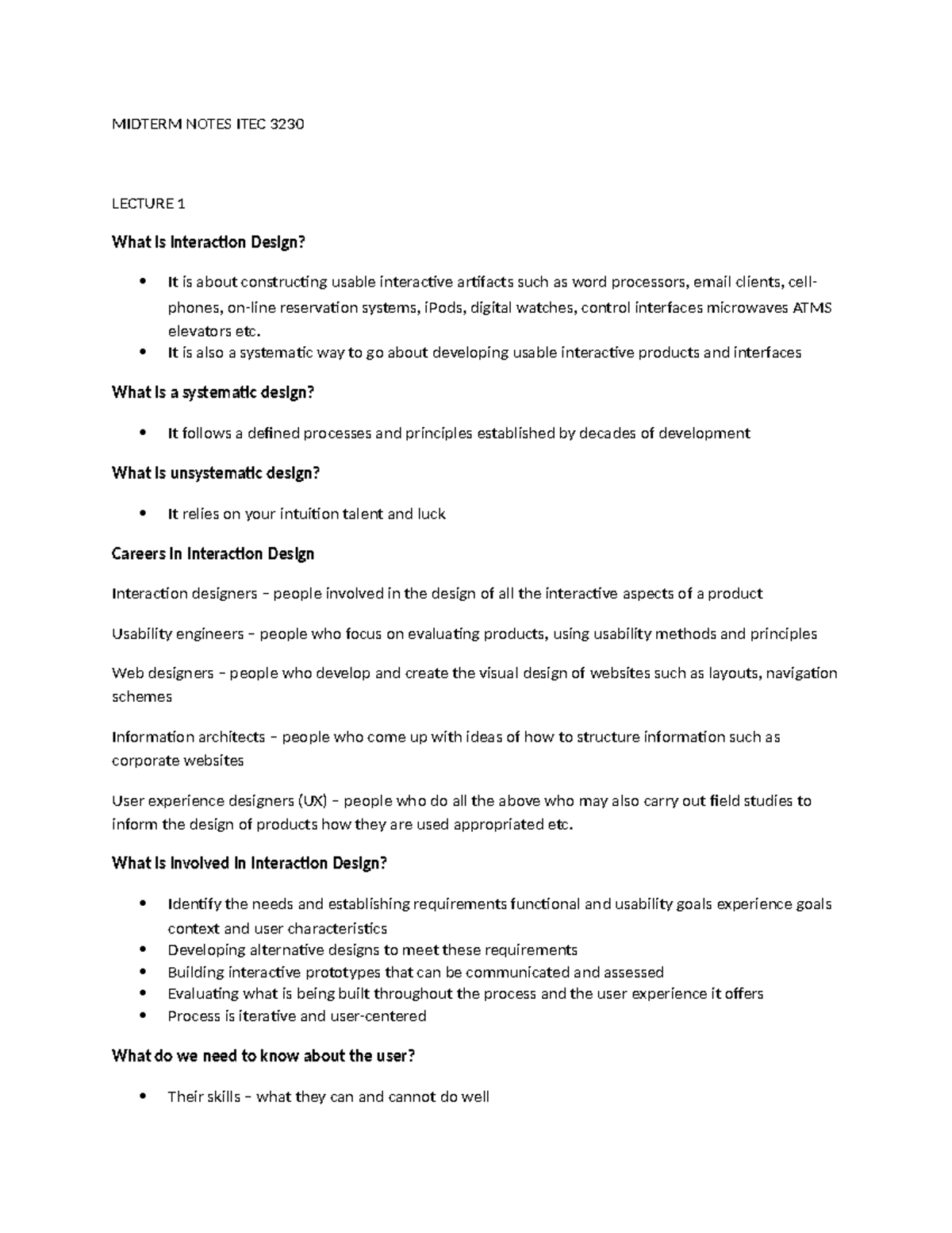MIDTERM NOTES ITEC 3230: Interaction Design Concepts & Usability ...