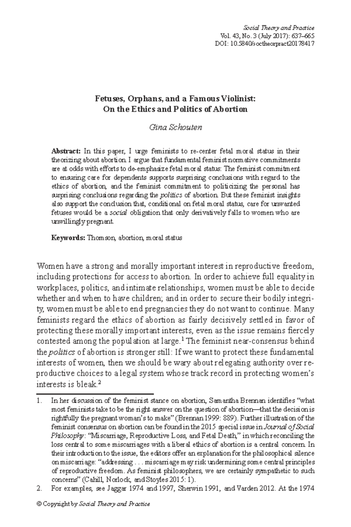 On the Ethics and Politics of Abortion: A Feminist Perspective (SOC 431 ...