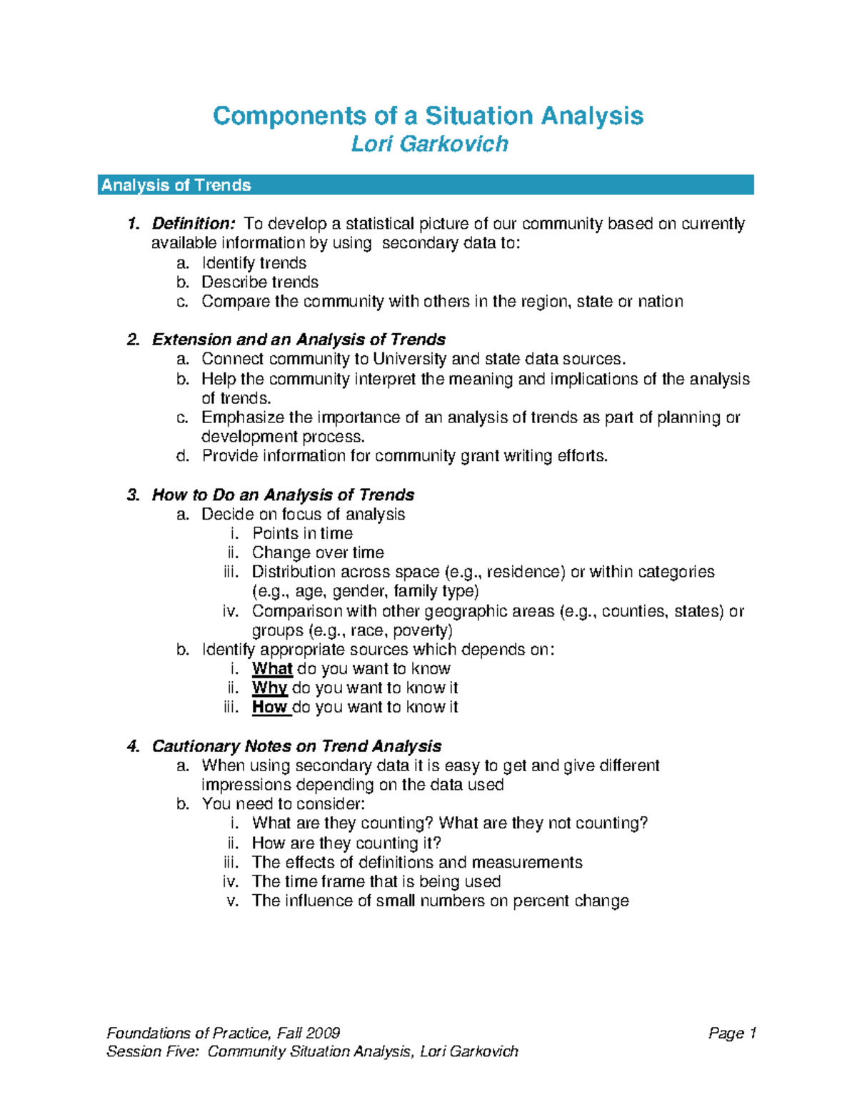 Foundations of Practice (Fall 2009): Community Situation Analysis Guide ...
