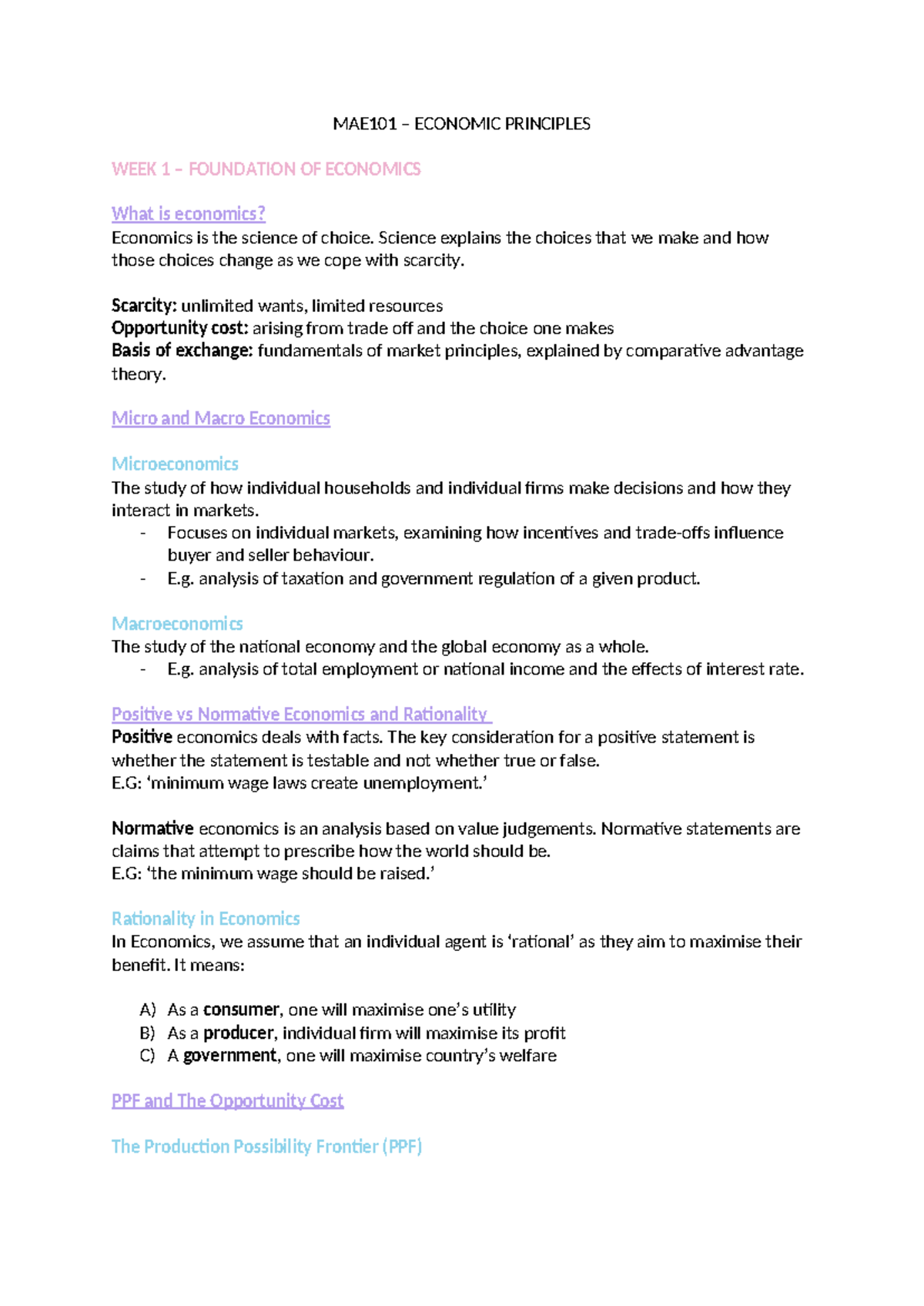 MAE101 Lecture Notes: Economic Principles Overview and Key Concepts ...