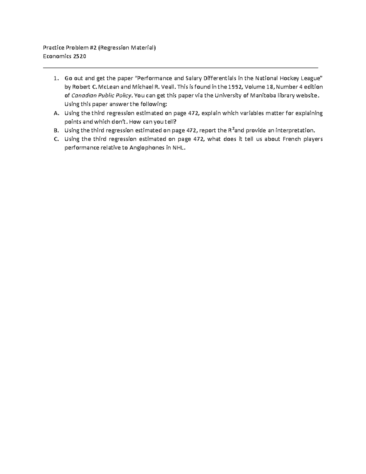 Economics 2520 - Homework Questions and Answers on Regression Analysis ...
